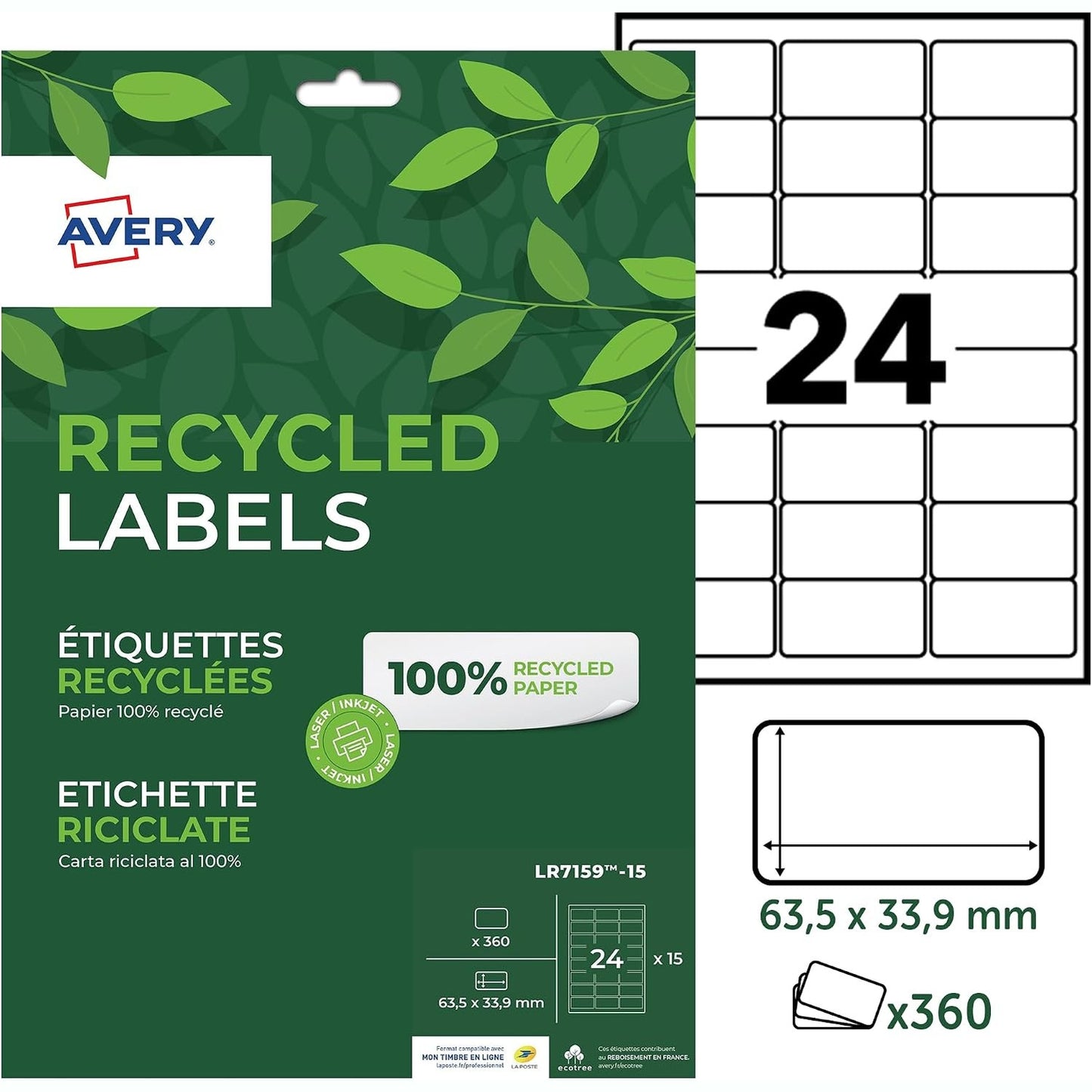 320157 - AVERY - 360 Etiketa të Bardha Vetëngjitëse të Personalizueshme, 100% të Ricikluara, Madhësia 63.5 x 33.9 mm, Printim me Lazer dhe me Bojë