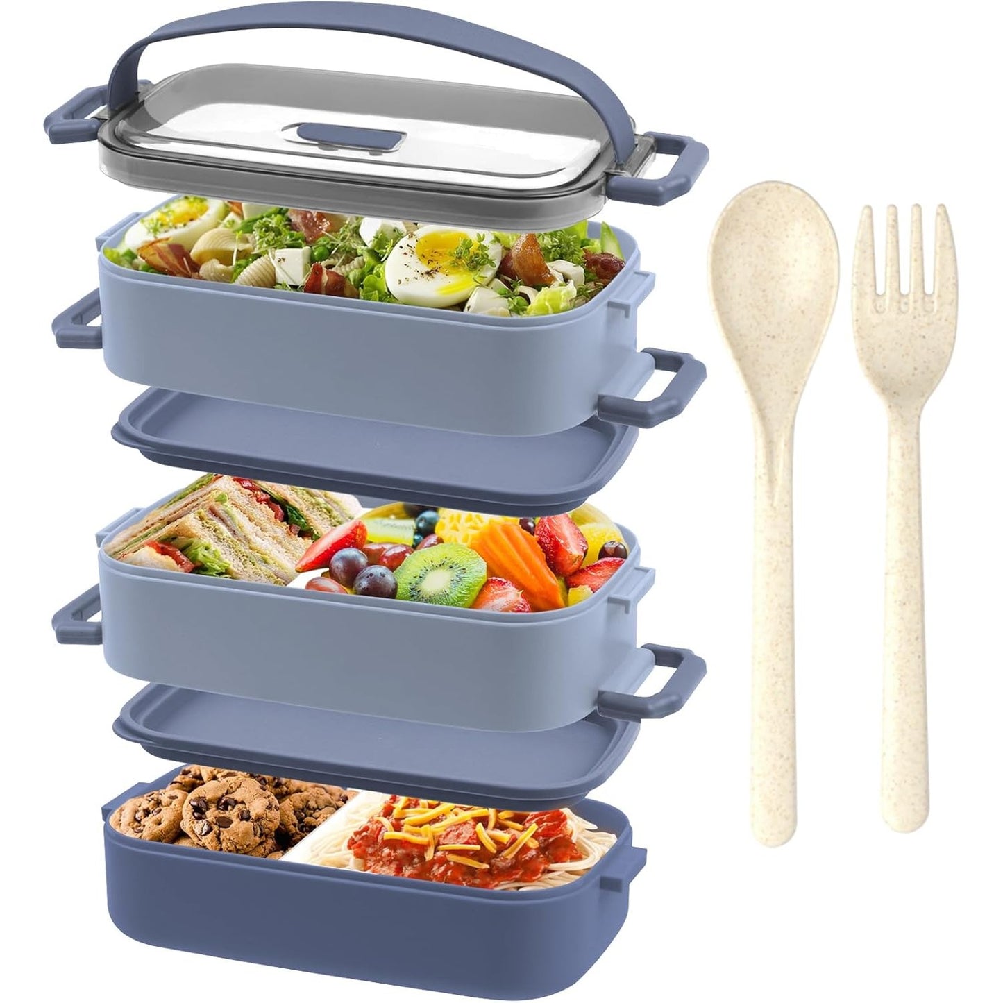 223660 - OITUGG Kutia e Drekës - Kuti Dreke me 3 Kate për të Rritur - Kuti Bento 2200ml, me Takëm dhe 3 Ndarje të Rregullueshme, Pa BPA, e Sigurt për Mikrovalë, Blu, 19.5 x 11.2 x 15 cm, pa Çelik Inoks të Brendshëm