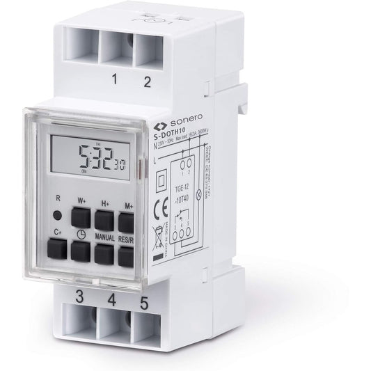 137272 - SONERO Kohëmatës Dixhital S-DOTH10 për Instalim në Shinë DIN në Panelin e Kontrollit, 3600W, Ekran LCD, 10 Programe Ndërrimi, 12/24 Orësh, IP20, i Bardhë