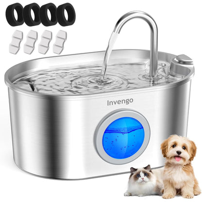 223024 - INVENGO Shatërvan për Pije për Mace MeowFlow B30 - Çelik Inox - Kapacitet 2.2L - Dritare Uji të Dukshme - i Lehtë për t'u Pastruar dhe Instaluar - Përfshin 4 Filtra Zëvendësues - Dizajn Kundër Spërkatjeve