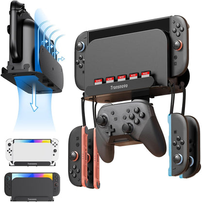 299802 - TRANSNOVO Mbështetëse muri e pajtueshme me Nintendo Switch 2/Switch OLED/Switch Dock, Mbajtëse shumëfunksionale me 5 vende për kartat e lojërave, 4 grepa për Joy-Con dhe grepa për kontrolluesin Pro, e zezë