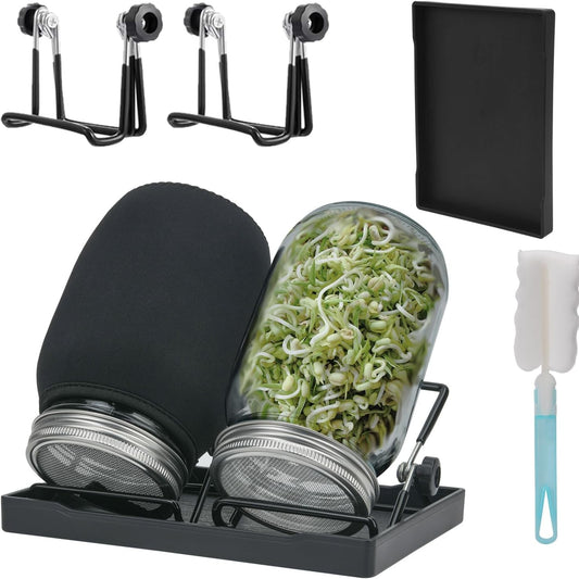 165132 - DEEFONGO Set Kavanozesh për Mbirje, 2 Kavanozë me Kapak, Sitë dhe Tabaka Pikimi, Përshtatshme për Jonxhë, Lakër, Brokoli dhe Fasule Mung