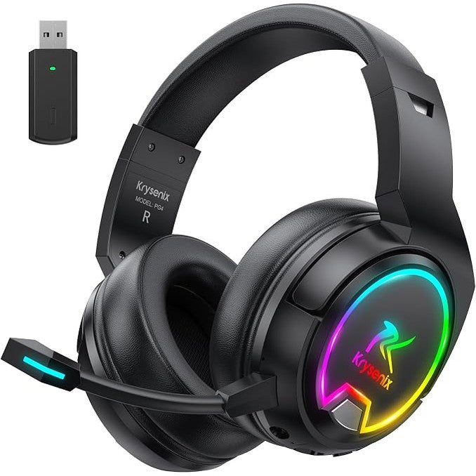276534 - KRYZENIX Kufje Lojërash Pa Tel PG4 2.4GHz për PS4, PS5, PC, Mac, Switch, 48H me Mikrofon që Anulon Zhurmën, Kufje Bluetooth Pa Tel me Drita LED, Tingull Rrethues, të Zeza