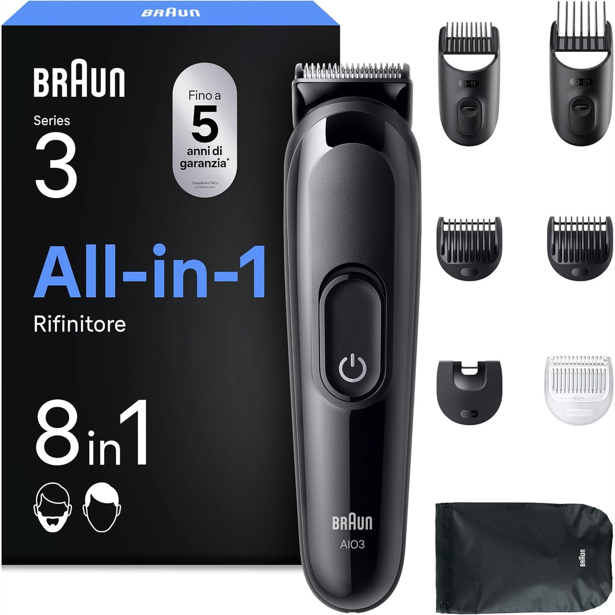 316168 - BRAUN - Makinë prerëse Multigroom All-in-One Seria 3, 8-në-1 AIO3545, e zezë, 14 gjatësi, bateri 50 minuta