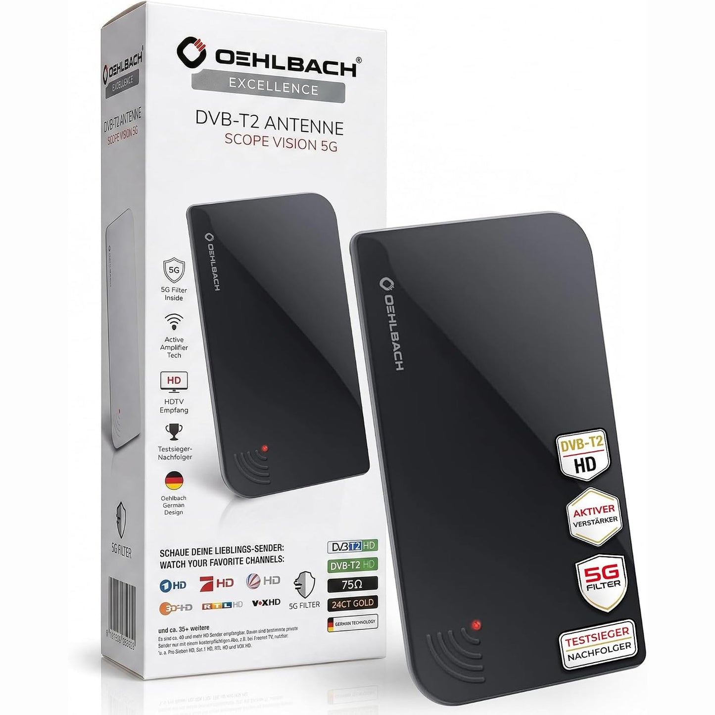 319720 - OEHLBACH Antenë Scope Vision 5G DVB-T2 HD - Antenë Dixhitale e Brendshme - Amplifikator Aktiv DVB-T2 - me Filtër 5G - E Zezë