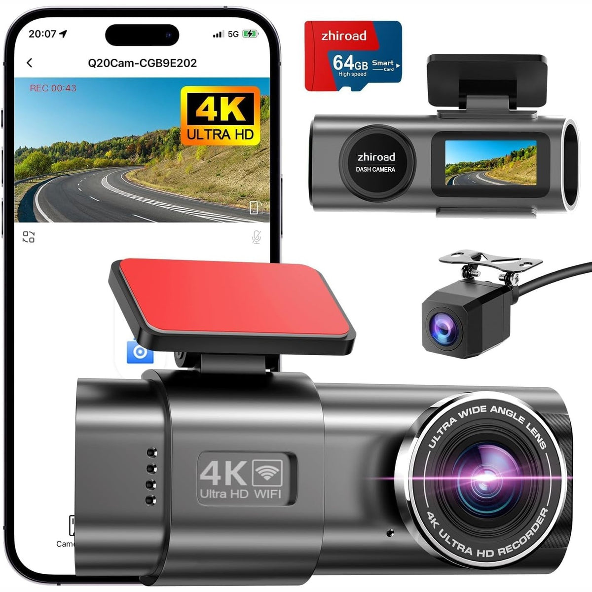 295553 - KAMERA Kamera Para dhe Pasme 4K+1080P, WiFi, Monitorim Parkimi, Kartë SD 64GB, Shikim Super Natën, WDR, Kënd i Gjerë 170°+140°, Ekran IPS 1.47", Sensor G, Regjistrim në Cikël, Kontroll Aplikacioni