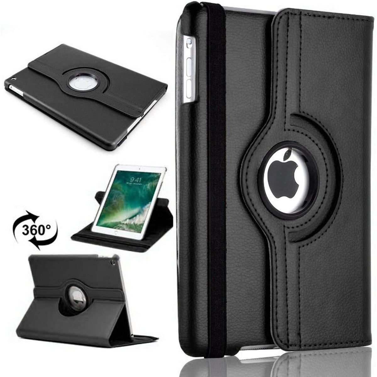 300164 - TECHDEALSUK Mbrojtëse për iPad 5th Generation 9.7 2017, prej lëkure PU me rrotullim 360°, e zezë për iPad 5th