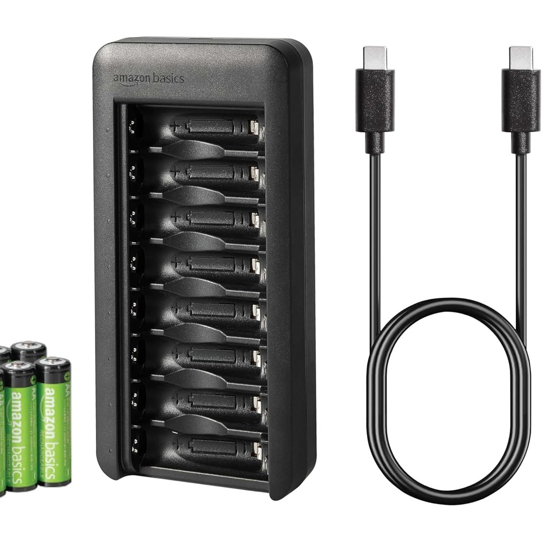 266617 - Amazon Basics Bateri të rikarikueshme me 8 bateri AA 2000mAh NiMH me karikues baterie me 8 ndarje, pa adaptor rryme AC, portë USB-C