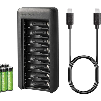 266617 - Amazon Basics Bateri të rikarikueshme me 8 bateri AA 2000mAh NiMH me karikues baterie me 8 ndarje, pa adaptor rryme AC, portë USB-C