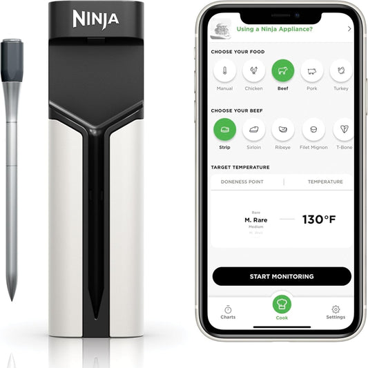 195071 - NINJA PROCHEF Sondë Termometri Mishi Pa Tel, Radius Bluetooth 50m, Jetëgjatësi Baterie 30 Orë, i Lidhur me Aplikacion, Rezistent ndaj Nxehtësisë dhe Ujit, WP100UK - për Gatim, Pjekje në Skarë dhe Skuqje në Ajër