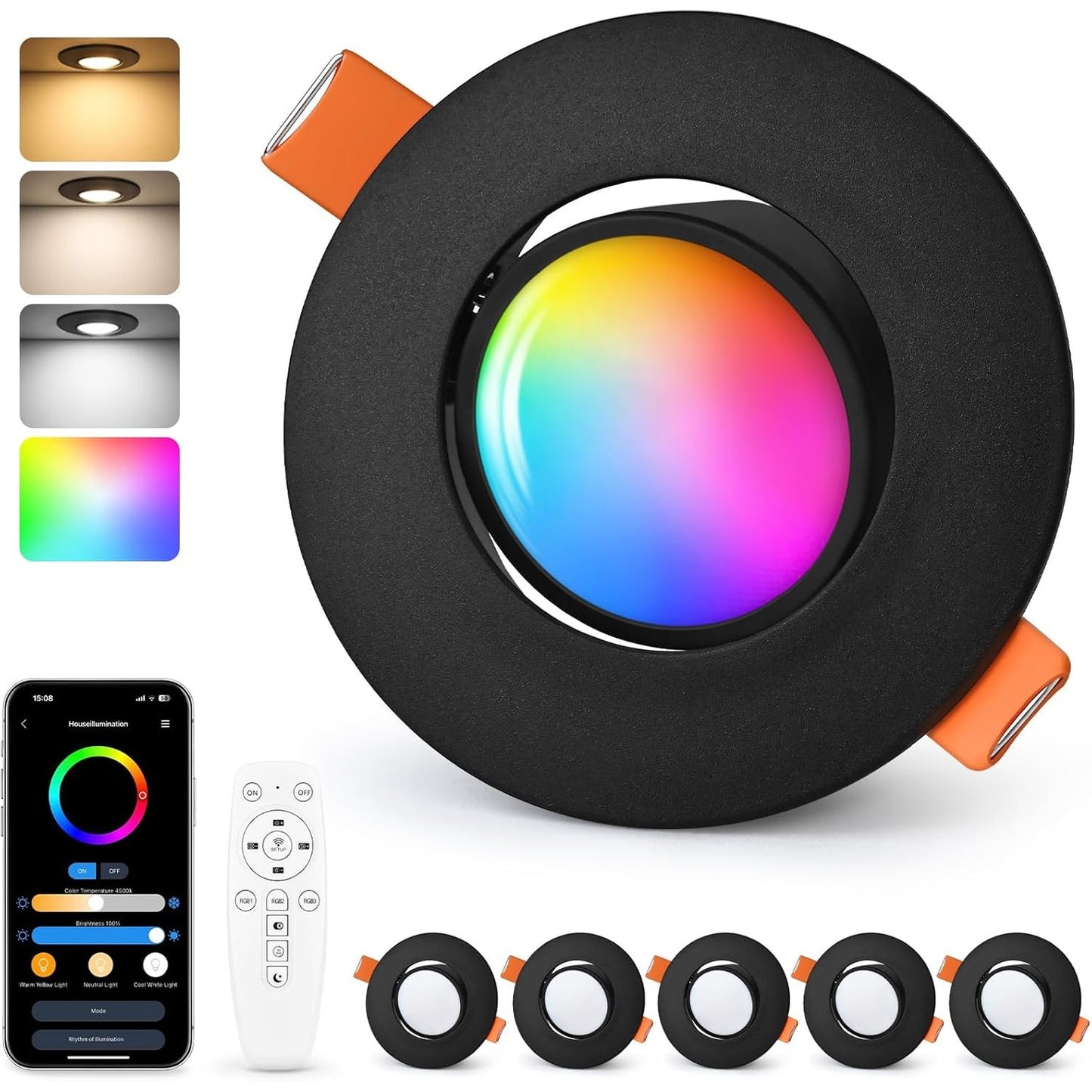 245449 - GEYOU LUX Drita të fshehura LED RGB, 230V 2700K-6500K, 68-80mm 5W IP44, të rregullueshme 45°, 6 copë
