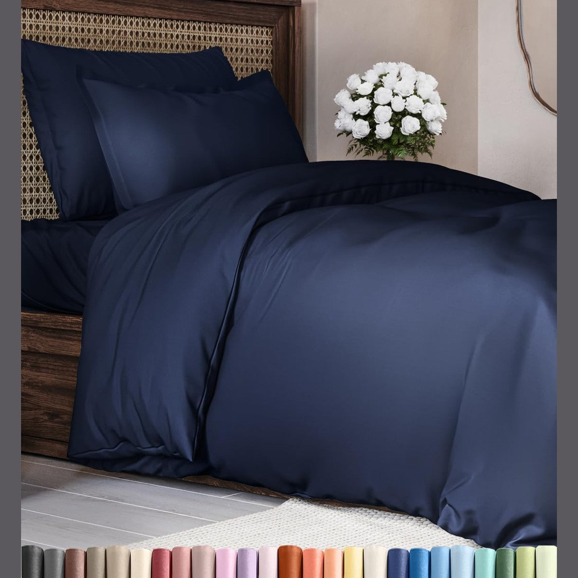 184806 - OEKO-TEX Set çarçafësh 3 copë me mbulesë jorgani 155x220 cm dhe 2 mbulesa jastëkësh 80x80 cm, Mikrofibër, Blu marine