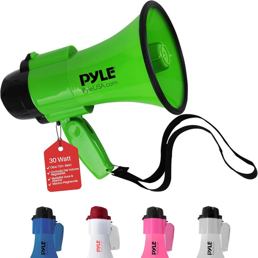 137228 - PYLE Megafon Portativ me Sirenë dhe Mikrofon, Kapaciteti 30Vat, Tingull PA, 2-Mënyra, Dorezë e Palosshme, Për Tifozë dhe Policë, Ngjyra Jeshile