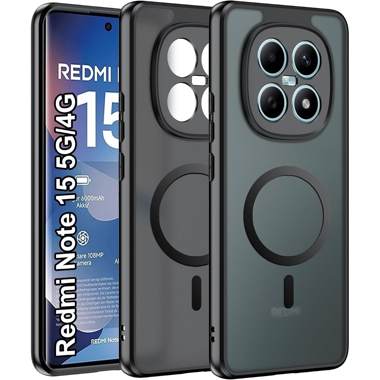 269530 - EFCOTUO Mbështjellës magnetik për Xiaomi Redmi Note 15 4G/5G, i pajtueshëm me MagSafe, silikoni fleksibël + mbulesë e hollë transparente mat prej akriliku (e zezë)
