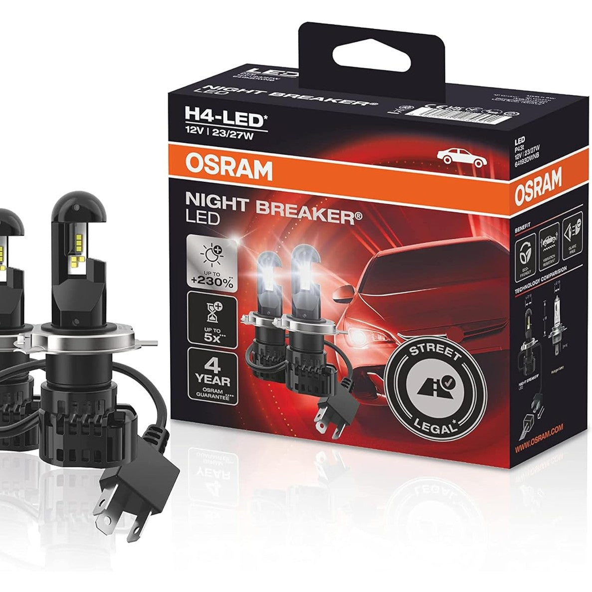312538 - OSRAM NIGHT Breaker H4-LED, deri në 230% më shumë shkëlqim, drita të shkurtra dhe të gjata, e zezë