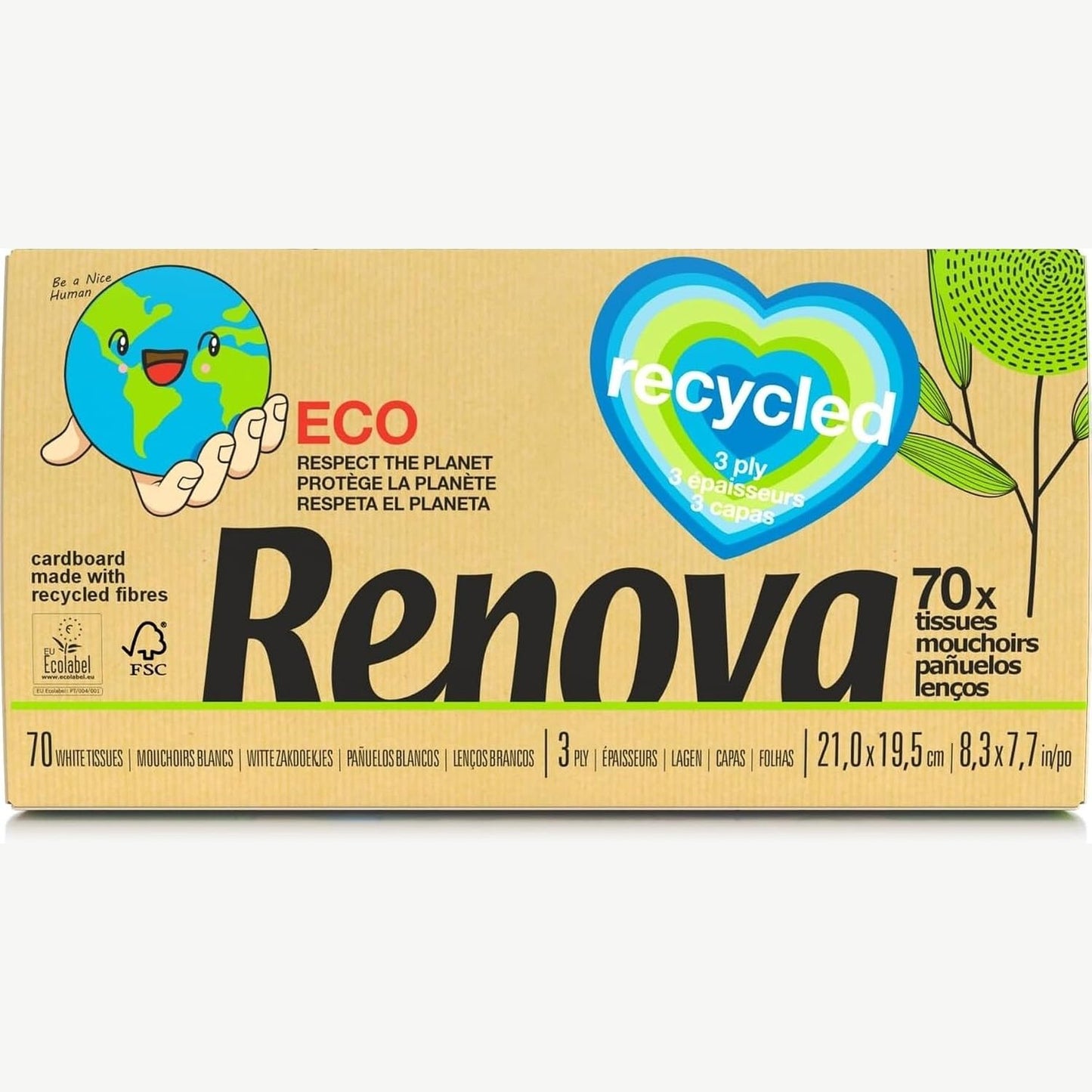 322163 - Renova 200102775 Peceta Fytyre 100% të Ricikluara, 70 Fletë për Kuti, Të Bardha, 22.5 x 21 cm
