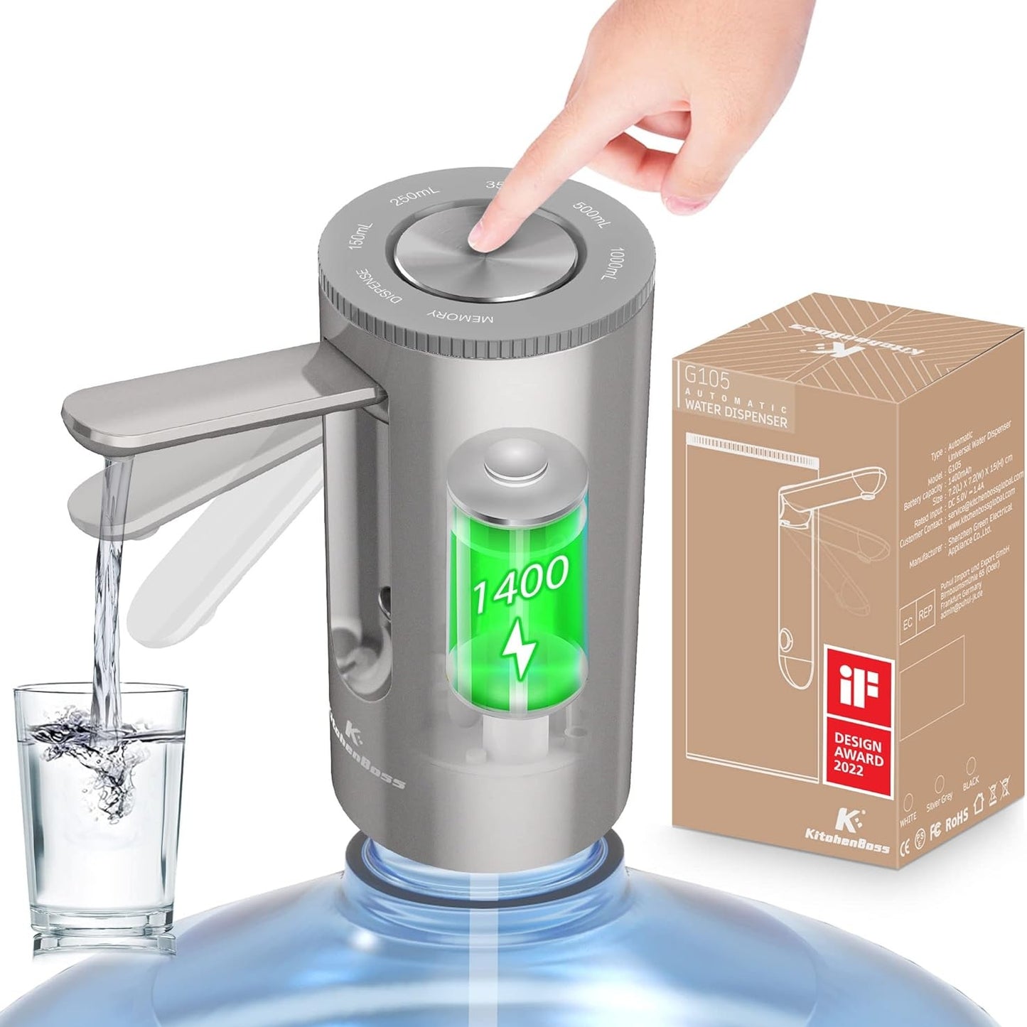 213998 - KITCHENBOSS Dozator uji elektrik për shishe, karikim USB Type-C, për shishe 3.8-18.9 litra