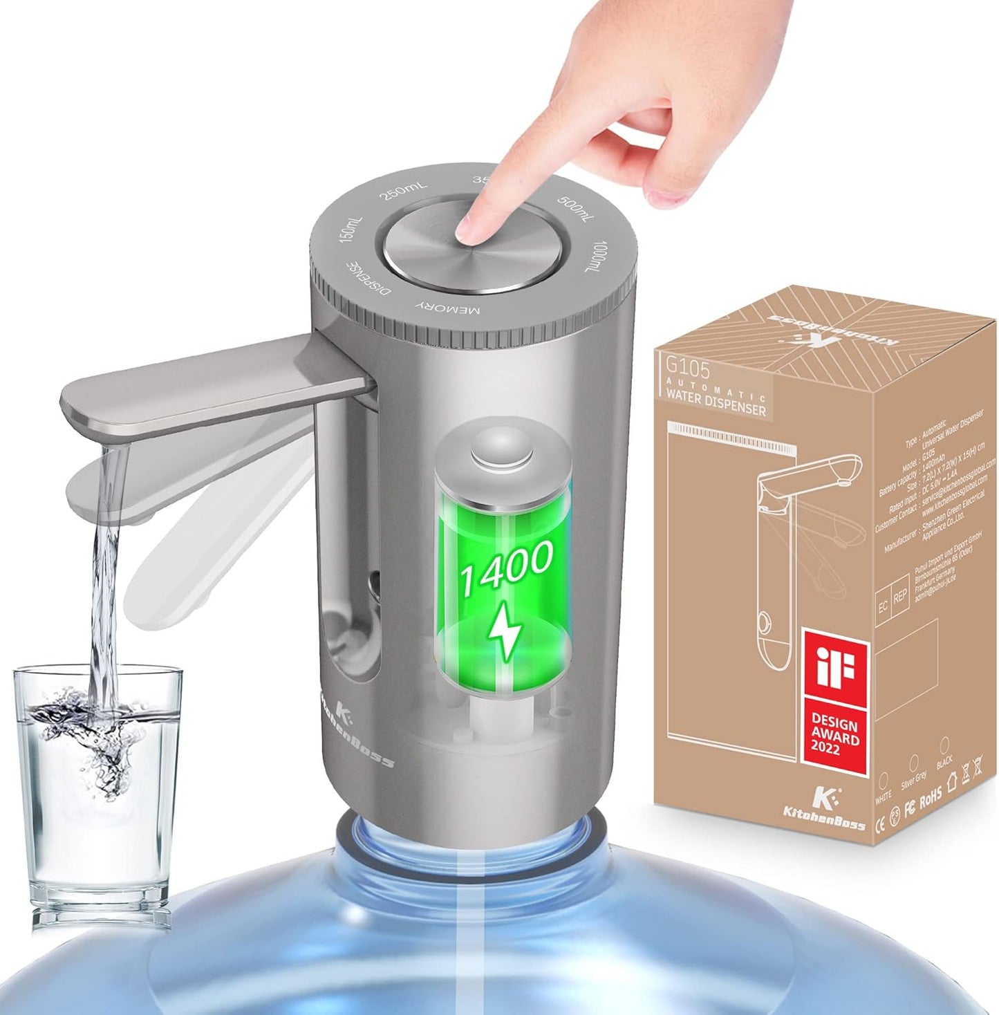 227947 - Dispenser uji elektrik KitchenBoss, Pompë uji për shishe 3.8-18.9 litra, me karikim tipi C, gri argjendi