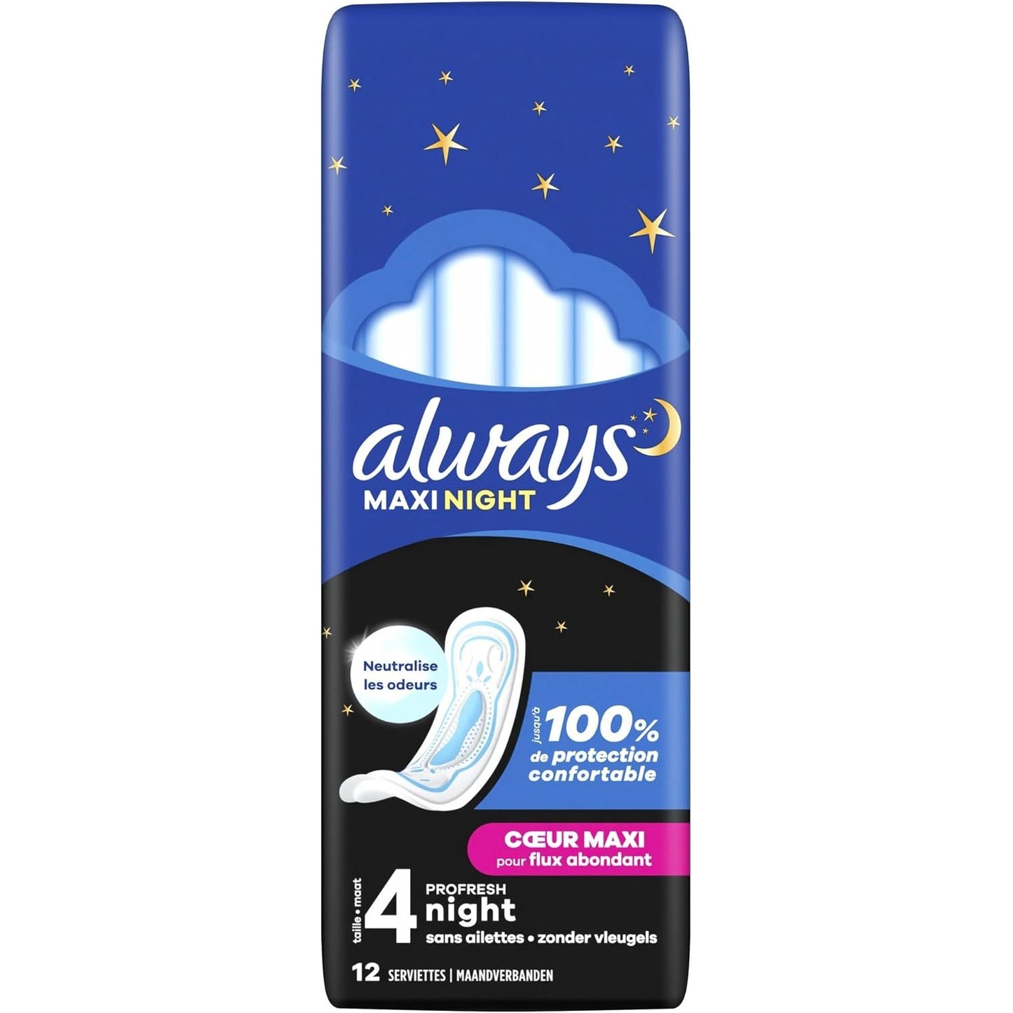 276005 - ALWAYS Maxi, Peceta higjienike ProFresh Night, 12 peceta pa krahë, Heavy Flow Nighttime, bërthamë ultrathithëse