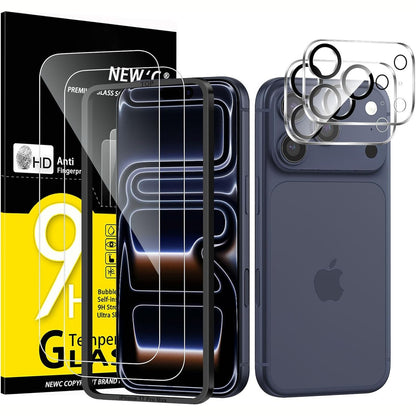 274477 - Kit i RI me 4 pjesë, 2 mbrojtës ekrani prej qelqi të temperuar për iPhone 17 Pro Max (6.9 inç) dhe 2 mbrojtës kamere të pasme - Kit mjetesh për instalim të lehtë - Rezistent ndaj gërvishtjeve - Ultra rezistent - HD i qartë
