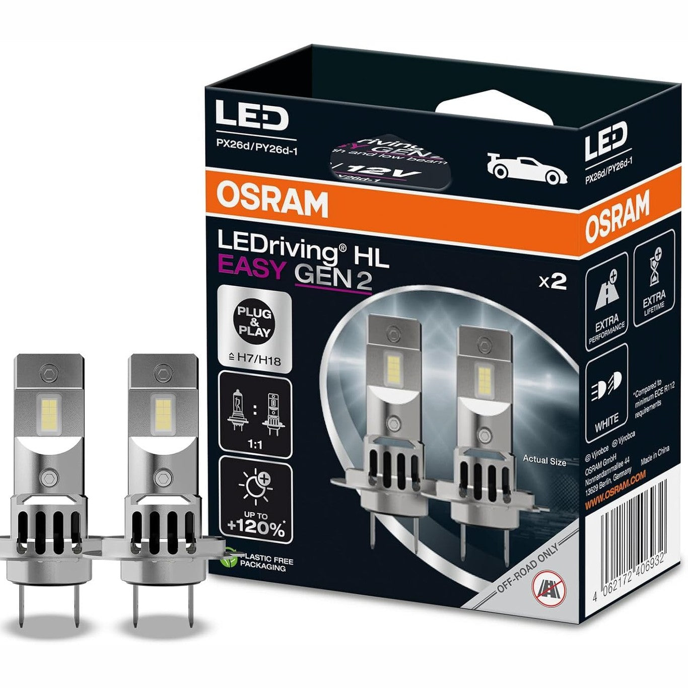 245464 - OSRAM LEDriving HL EASY GEN 2 H7/H18, drita të gjata dhe të shkurtra LED, e Bardhë e Ftohtë 6500K, pa aksesorë, vetëm për përdorim jashtë rrugës, 2 llamba