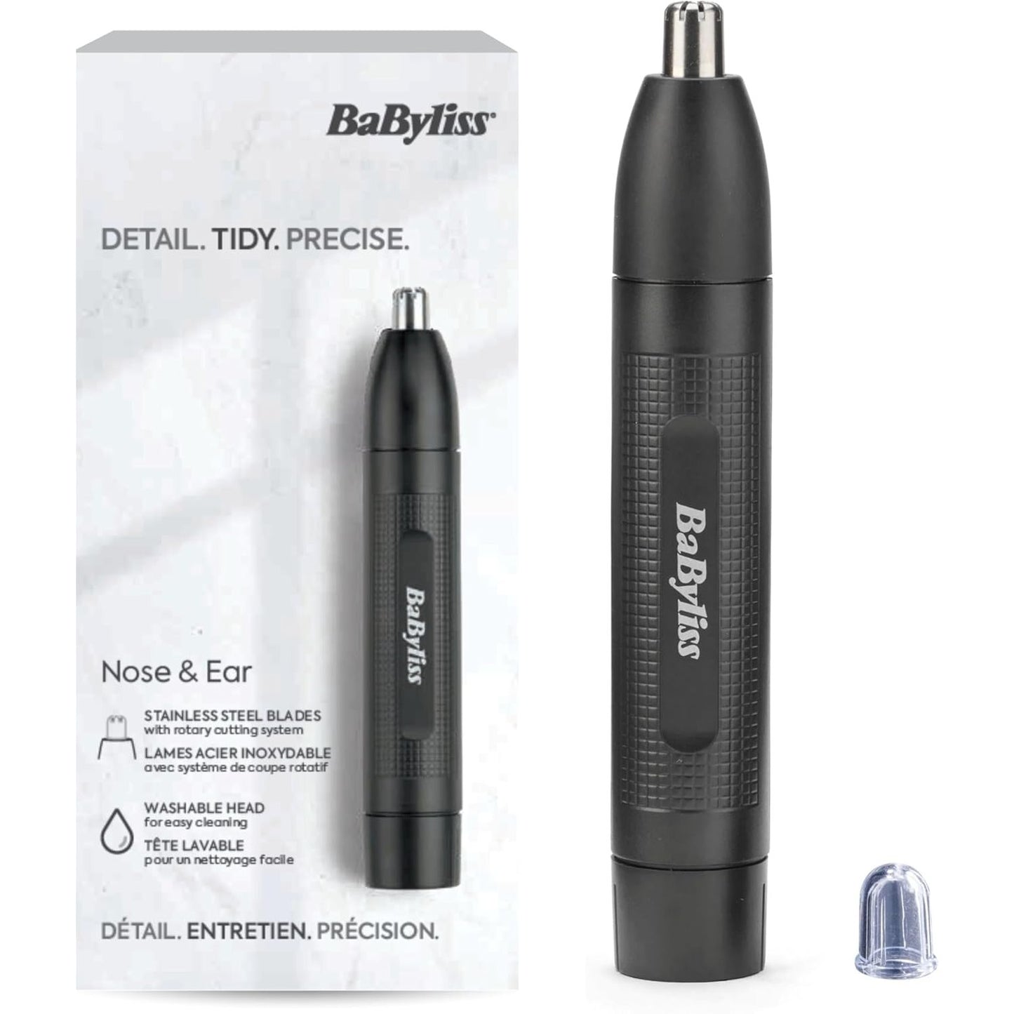 275811 - BABYLISS Makinë prerëse hundësh dhe veshësh, sistem prerjeje rrethore me 2 tehe, funksionon me bateri, çelik inox, aksesorë të lëvizshëm që pastrohen lehtë, e zezë, E650E
