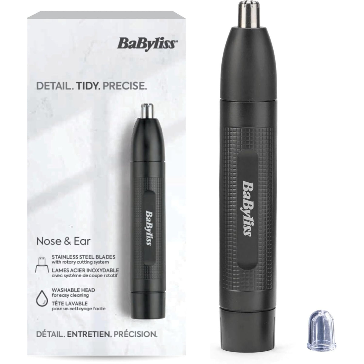 298568 - BABYLISS Makinë prerëse për qime në hundë dhe veshë, 2 tehe, me bateri, çelik inox, E650E