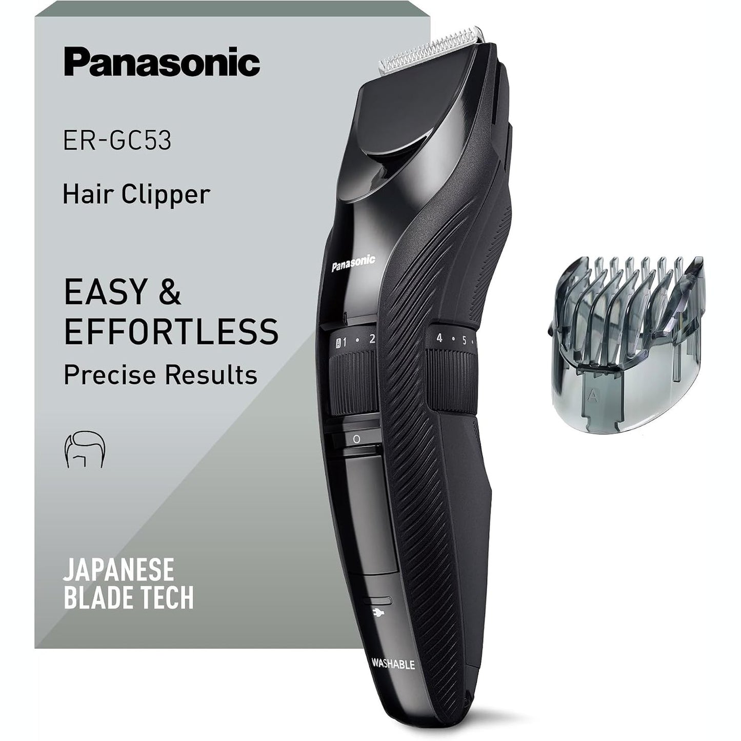 321122 - Makinë prerëse flokësh PANASONIC ER-GC53-K503 për meshkuj, portative, pa tel, rezistente ndaj ujit, 19 cilësime gjatësie, 1 aksesor, e zezë