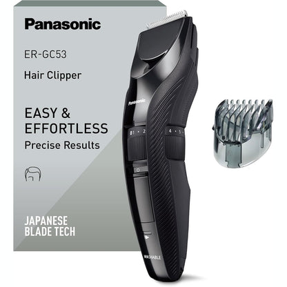 321122 - Makinë prerëse flokësh PANASONIC ER-GC53-K503 për meshkuj, portative, pa tel, rezistente ndaj ujit, 19 cilësime gjatësie, 1 aksesor, e zezë