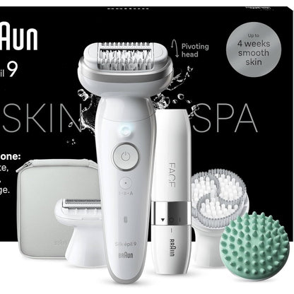 311679 - BRAUN - Silk-épil 9 SkinSpa, Epilator elektrik me kokë fleksibile, i lagësht dhe i thatë, lëkurë e lëmuar që zgjat gjatë, komplet gjithçka-në-një, me mini epilator fytyre, 9-381, i bardhë/argjendtë