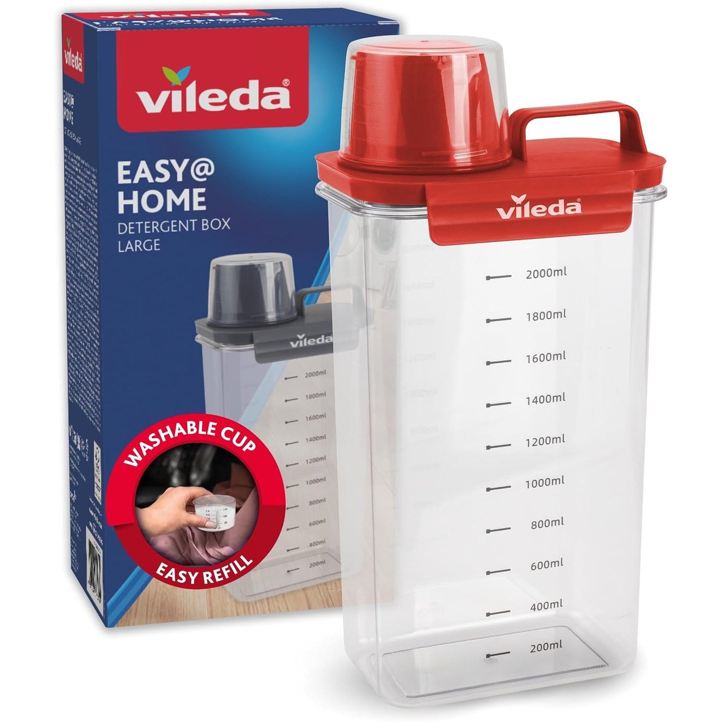 293679 - VILEDA Kutia e detergjentit 2300ml e kuqe - Kuti për ruajtjen e pluhurit larës dhe detergjentit të lëngshëm - Përfshin gotë matëse
