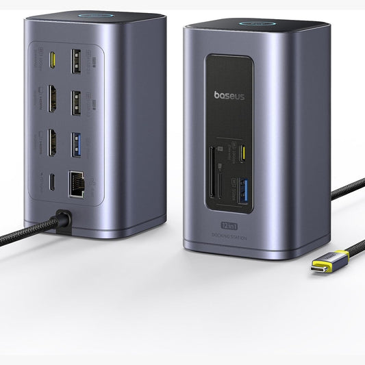 295520 - BASEUS Stacion Dokimi Nomos Air 12-në-1, Dy Monitora, 4K HDMI, 10Gbps USB-A/C, SD/TF, 100W PD, Ethernet, Pajtueshëm me HP/Lenovo/Dell/Acer