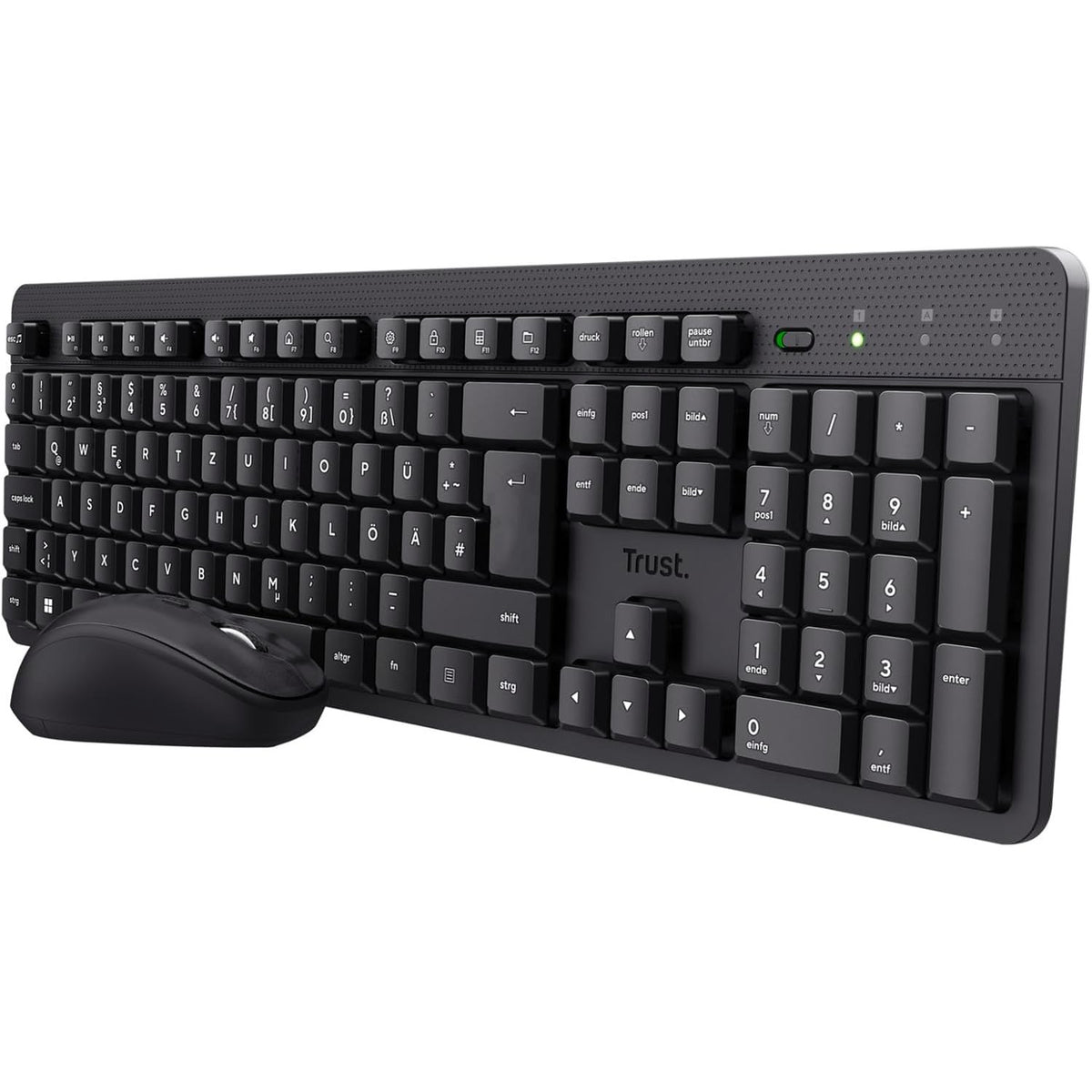 295278 - TRUST Set tastiere dhe mausi pa tel Ymo II Silent, Paraqitje gjermane QWERTZ, Taste të sheshta, Rezistent ndaj spërkatjeve, Maus pa tel për të dyja anët 800-1600 DPI, Një marrës USB, për PC, Kompjuter, Laptop, Mac