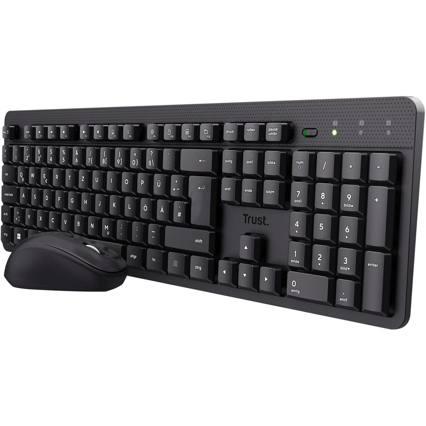 268691 - TRUST YMO II SILENT, Set Tastiere dhe Mausi pa Tel, Paraqitje QWERTZ, Taste të Sheshta, Rezistent ndaj Spërkatjeve, Maus pa Tel 800-1600 DPI, Një Marrës USB, për PC, Laptop, Mac