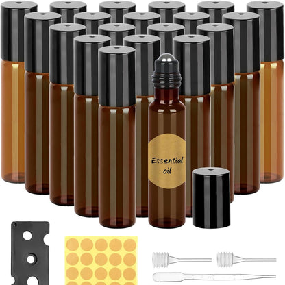 211514 - SHISHE QELQI - 20 Copë Shishe Roll-On për Vajra Esencialë, Ngjyrë Kafe, Bosh, 10 ml, të Rimbushshme për Kozmetikë, Parfume, Masazhe