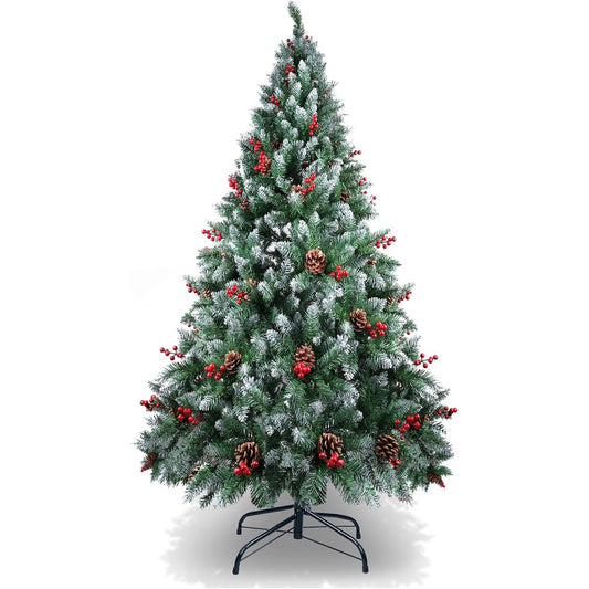 204135 - AGM Pemë Krishtlindjesh Artificiale 180cm, me Dekorim Flokëbore, 720 Maja Gjethe Pishe, 52 Boçe Pishe, 52 Manaferra të Kuqe, me Bazë Metalike të Qëndrueshme