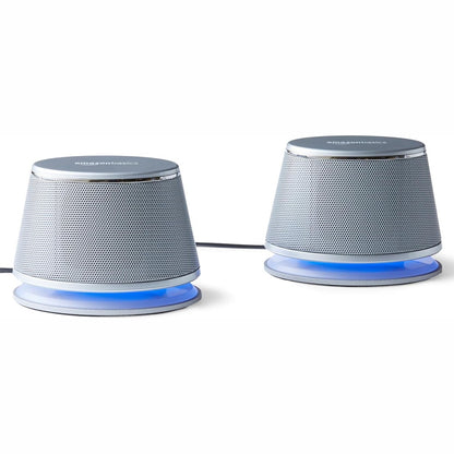 320114 - AMAZON BASICS Altoparlantë Stereo 2.0 për PC/Laptop, Hyrje AUX 3.5 mm, Me Energji USB, 1 Palë, Argjendtë