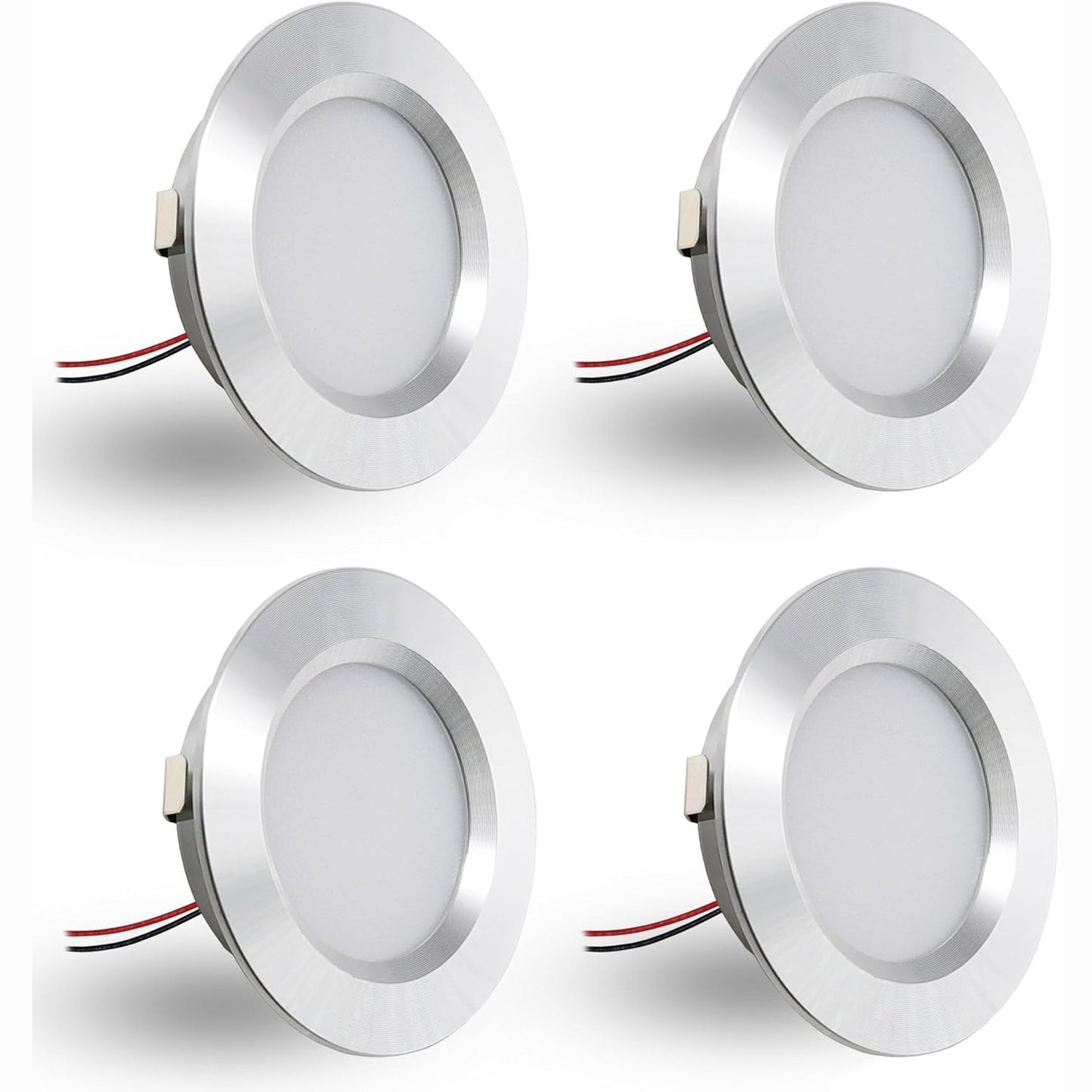 240909 - Set me 4 pjesë ndriçues LED 12V 3W të futur, ndriçues LED të sheshtë për vrima montimi 55-58 mm dhe 14 mm, ndriçues tavani 12V IP44 të errësueshëm, ngjyrë nikeli, e bardhë e ftohtë 6000k