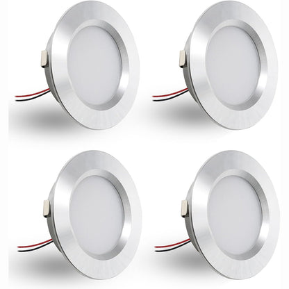 240909 - Set me 4 pjesë ndriçues LED 12V 3W të futur, ndriçues LED të sheshtë për vrima montimi 55-58 mm dhe 14 mm, ndriçues tavani 12V IP44 të errësueshëm, ngjyrë nikeli, e bardhë e ftohtë 6000k