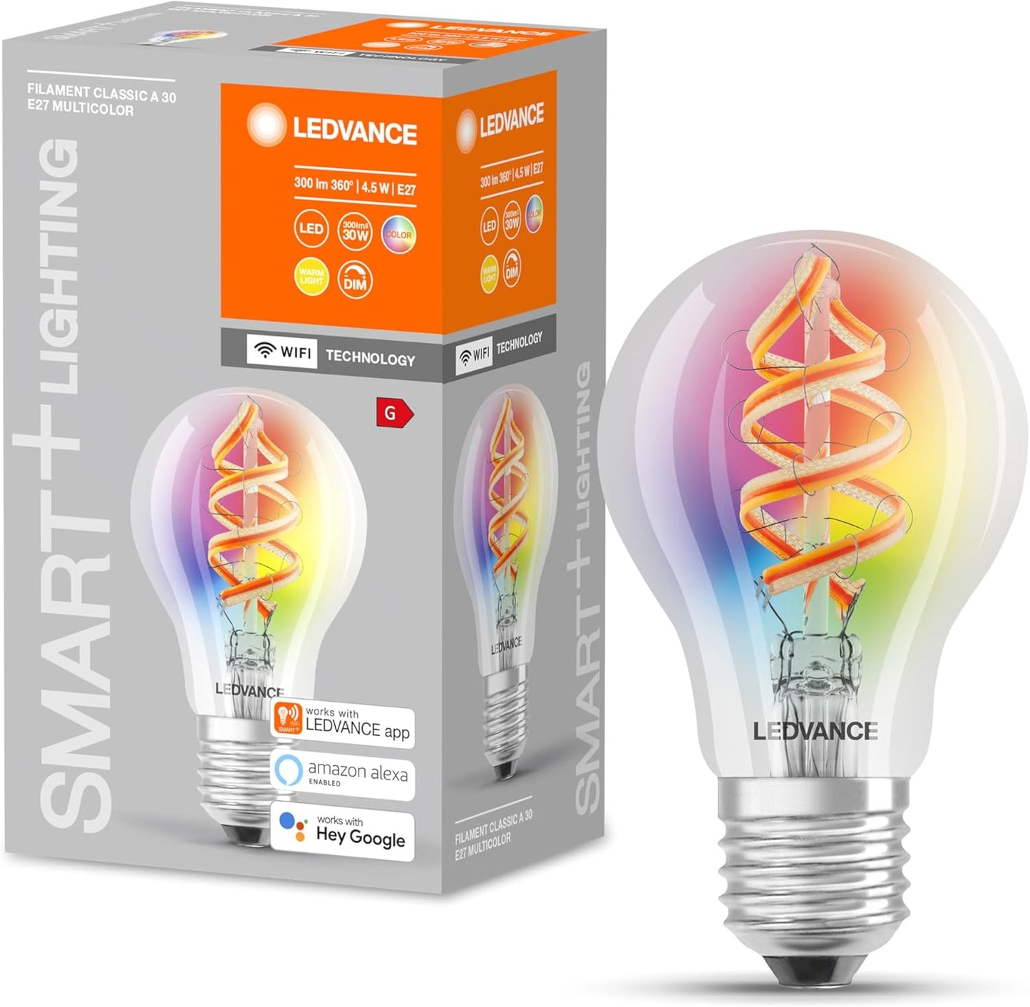 256208 - LEDVANCE - Llambë LED inteligjente E27, Ngjyra RGB të ndryshueshme, Filament me ngjyra, Zëvendësim për llambat 60W, kontrollueshme me Alexa dhe Google