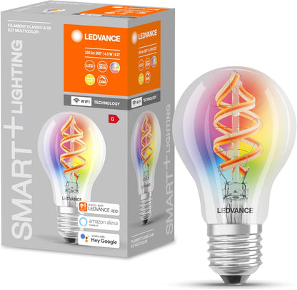 256208 - LEDVANCE - Llambë LED inteligjente E27, Ngjyra RGB të ndryshueshme, Filament me ngjyra, Zëvendësim për llambat 60W, kontrollueshme me Alexa dhe Google