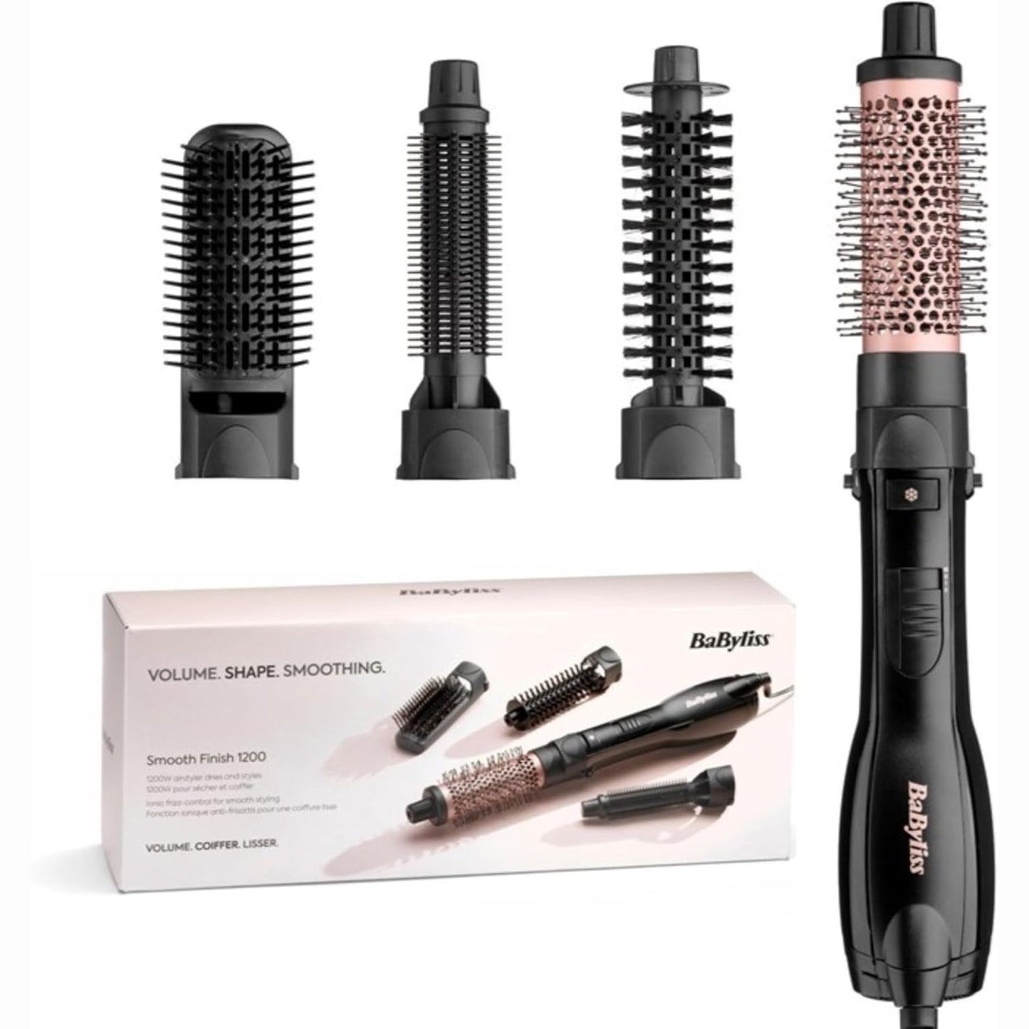 275007 - BABYLISS Furçë me ajër të nxehtë Smooth Finish 1200, 3-në-1, 1200W, Teknologji Jonike dhe Qeramike, 3 aksesorë, E zezë/Rozë, AS122E
