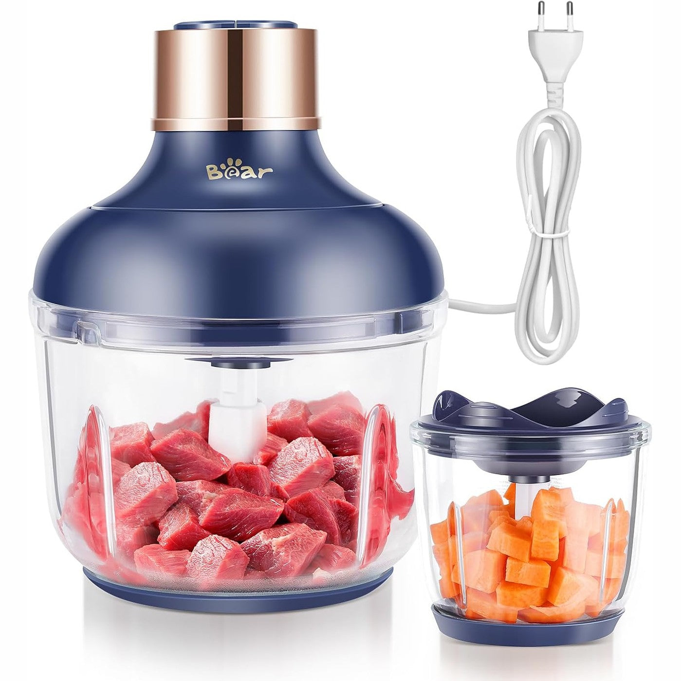 288325 - BEAR Mini-përpunues ushqimi elektrik 0.6L+2L, me 2 cilësime shpejtësie, copëtues me 4 tehe çeliku inox dhe mulli mishi, copëtues prej qelqi për mish, ushqim për foshnje, fruta, perime
