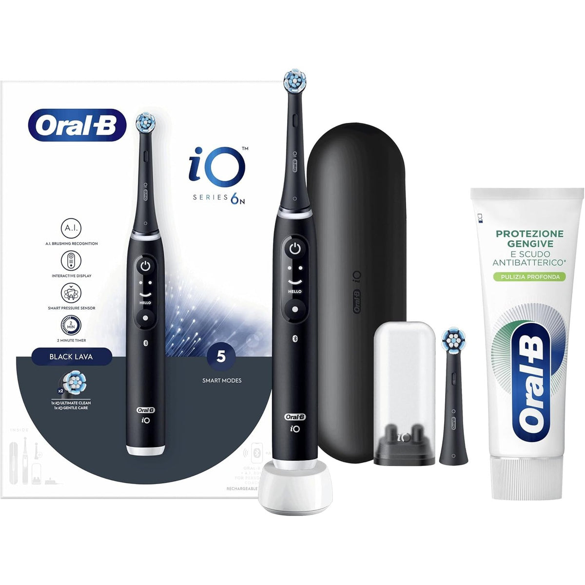 301582 - ORAL-B Furçë dhëmbësh elektrike e rikarikueshme iO6, e zezë, me kuti udhëtimi, 1 furçë dhëmbësh, 1 pastë dhëmbësh, mbrojtje nga mishrat e dhëmbëve, mburojë antibakteriale, pastrim i thellë, 75 ml