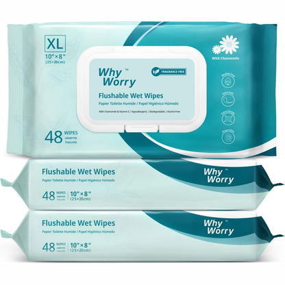 290425 - Letër higjienike WhyWorry XL e lagësht 20x25 cm për të rritur, Peceta pastrimi shumë të trasha që mund të hidhen në ujë, kamomil dhe vitaminë E, 100% me bazë bimore, pa aromë, 144 copë (3 pako me nga 48 copë)