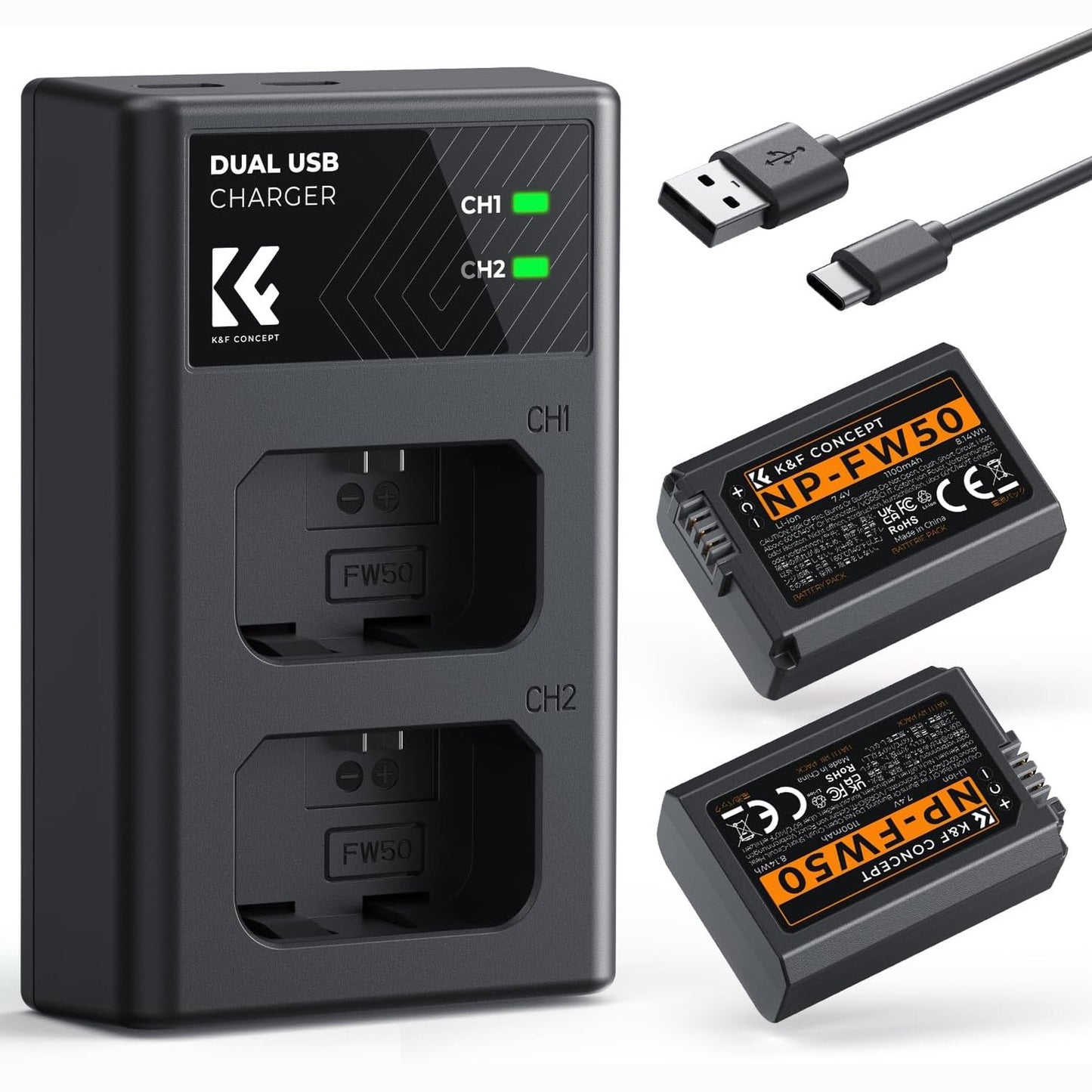 273462 - K&F CONCEPT Kit Karikuesi Baterie NP-FW50 2x1100mAh Dual USB-C, i Kompatibil me ZV-E10, Alpha A6400, A6000, A6300, A6500, A5000, A5100, A7, A7II, A7R, A7RII, A7S, A7SIII, RX1 III