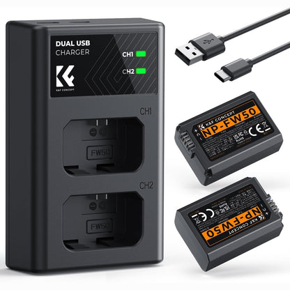 273462 - K&F CONCEPT Kit Karikuesi Baterie NP-FW50 2x1100mAh Dual USB-C, i Kompatibil me ZV-E10, Alpha A6400, A6000, A6300, A6500, A5000, A5100, A7, A7II, A7R, A7RII, A7S, A7SIII, RX1 III
