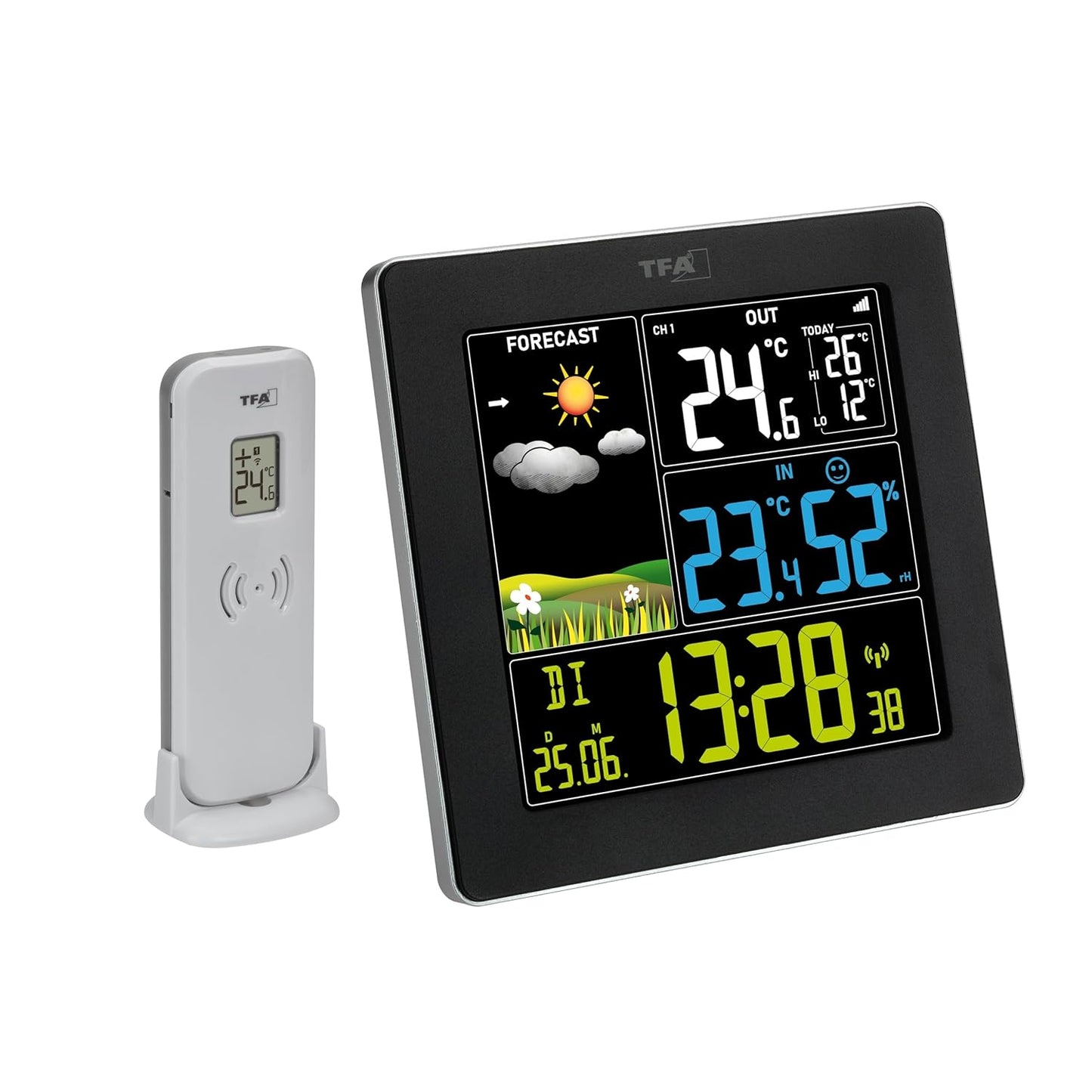 164495 - TFA DOSTMANN Stacion Meteorologjik Dixhital Wireless, SUN2 35.1174, Sensor i Jashtëm, Ekran i Madh Me Ngjyra, Kontroll Klime, Orë Radio Me Datë, Higrometër, Adaptor Energjie, Ngjyra e Zi