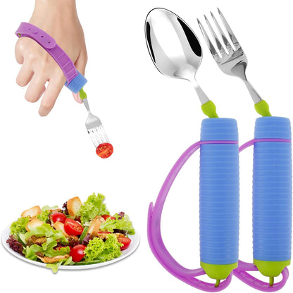 271689 - SESAVER Enë Kuzhine Adaptive, Set Luge dhe Pirun me Rrip Silikoni të Rregullueshëm, Dorezë Anti-Rrëshqitëse, Rrotulluese 360°