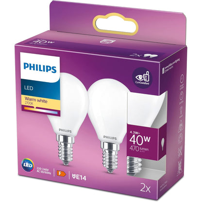 203090 - PHILIPS Llambat LED Classic E14, Pako prej 2 Llamba, Fuqi 40W, Llambat e Mbuluara me Acar me Dritë të Ngrohtë të Bardhë, Ndriçim LED Energji-Efikas, Jetëgjatësi e Madhe